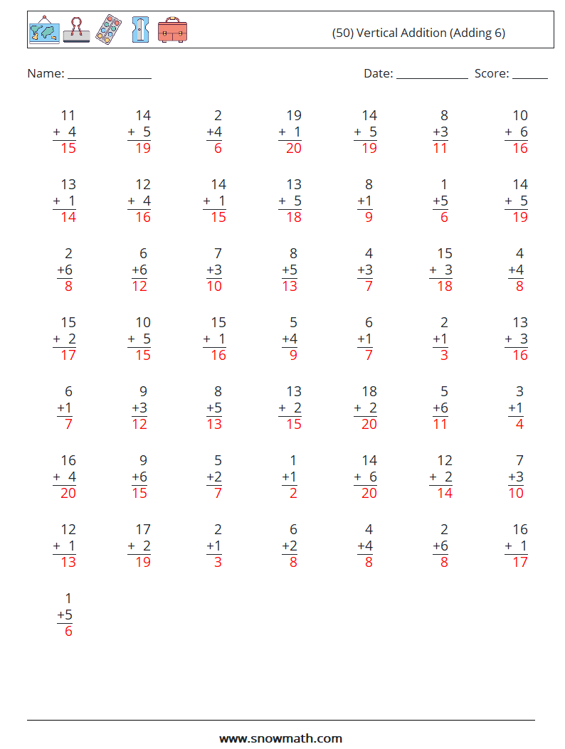 (50) Vertical  Addition (Adding 6) Math Worksheets 3 Question, Answer