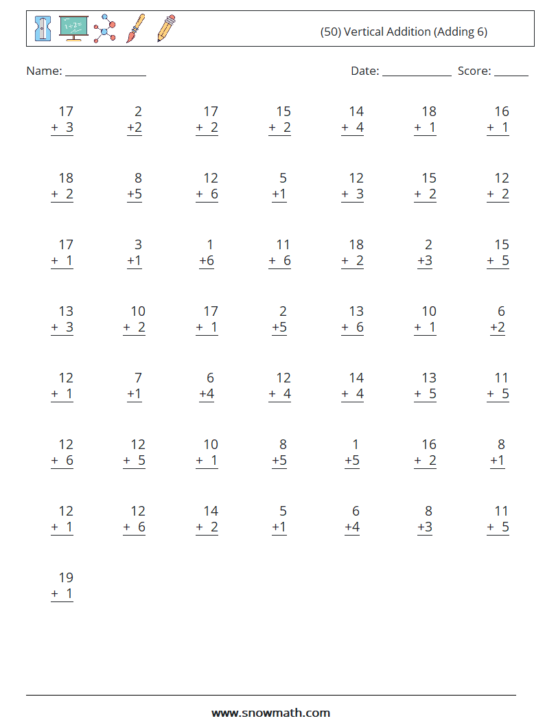 (50) Vertical  Addition (Adding 6) Maths Worksheets 4