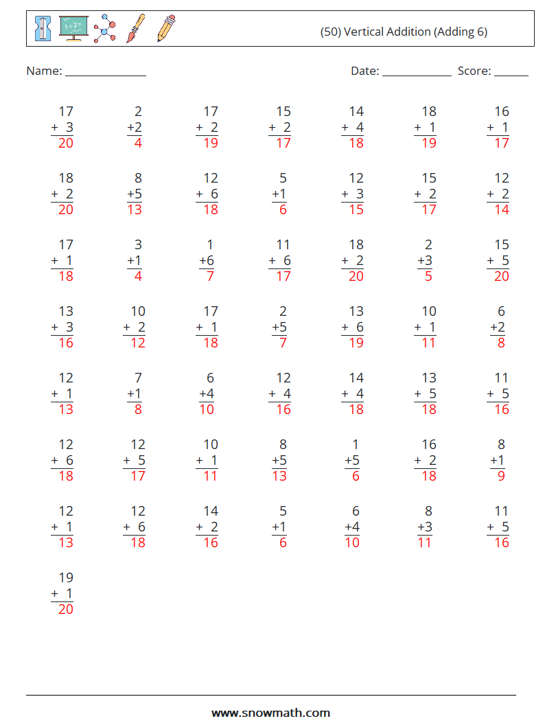 (50) Vertical  Addition (Adding 6) Math Worksheets 4 Question, Answer