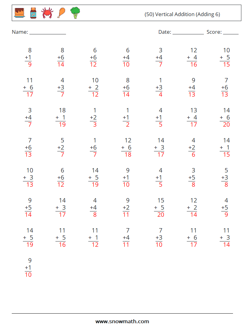 (50) Vertical  Addition (Adding 6) Math Worksheets 5 Question, Answer