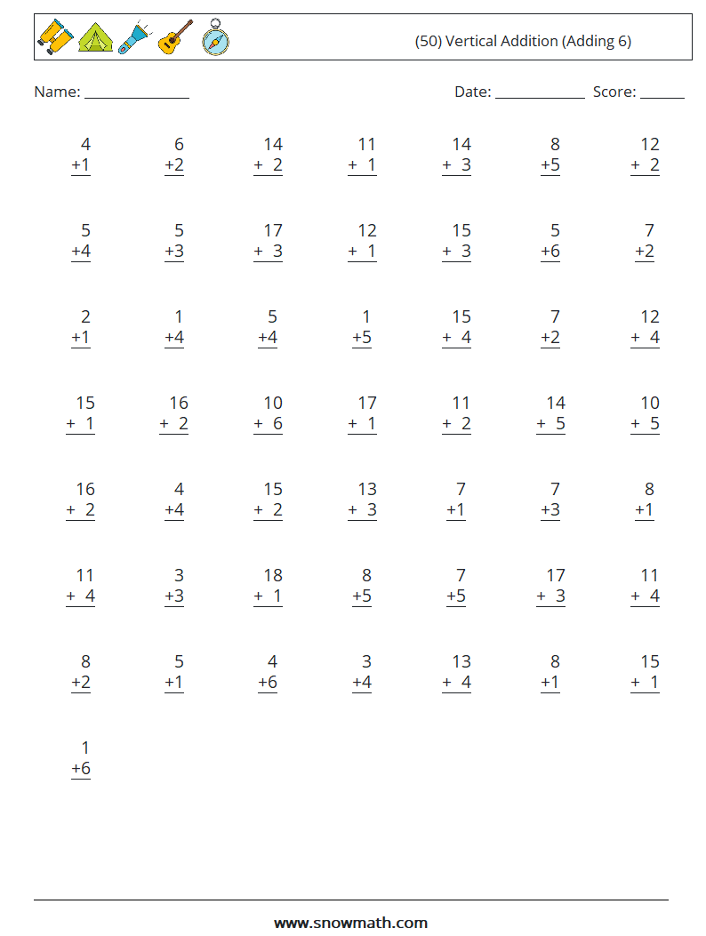 (50) Vertical  Addition (Adding 6) Maths Worksheets 6