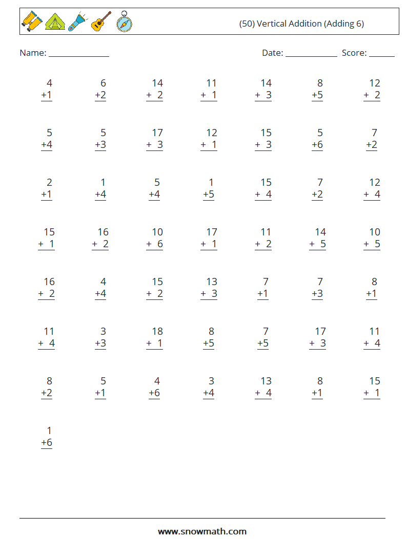 (50) Vertical  Addition (Adding 6) Math Worksheets 6