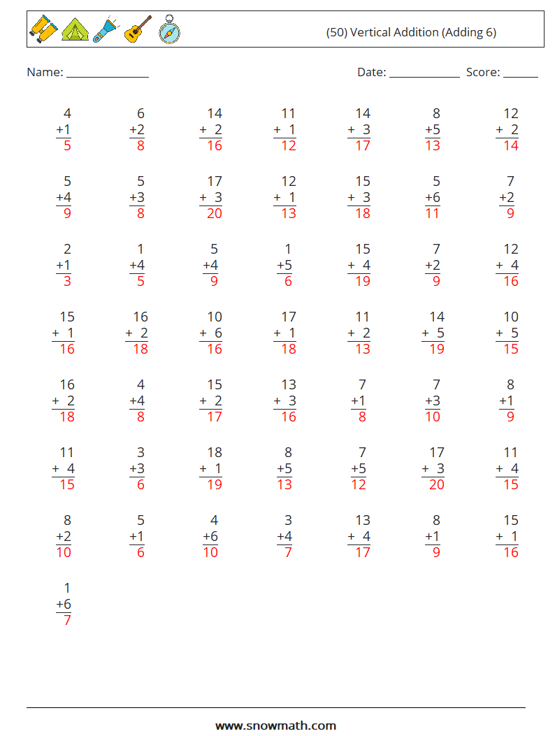 (50) Vertical  Addition (Adding 6) Math Worksheets 6 Question, Answer