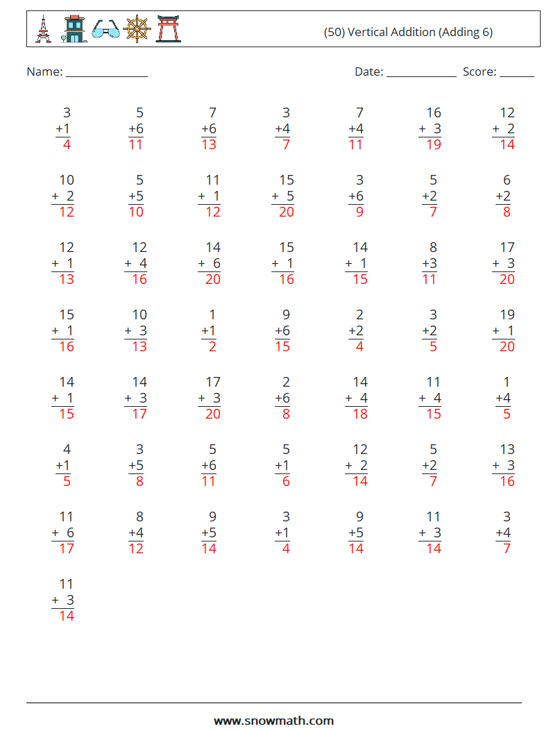 (50) Vertical  Addition (Adding 6) Math Worksheets 7 Question, Answer