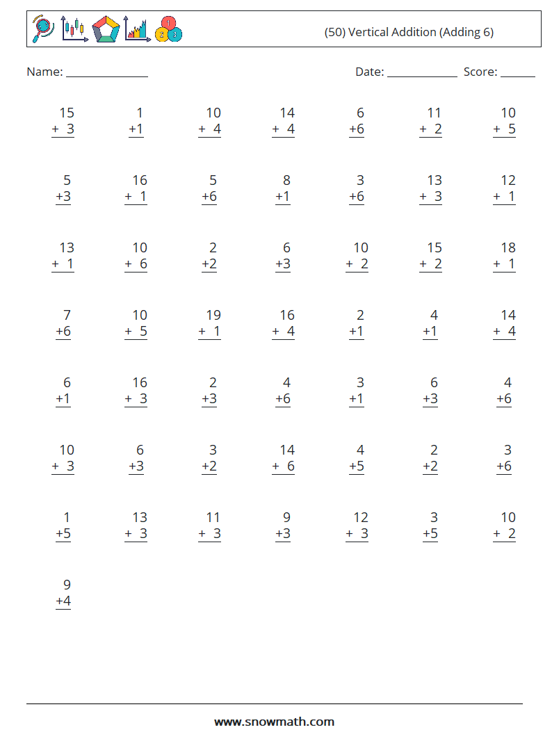 (50) Vertical  Addition (Adding 6) Maths Worksheets 8