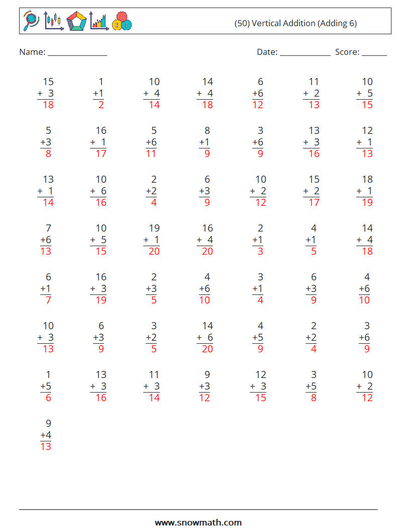 (50) Vertical  Addition (Adding 6) Math Worksheets 8 Question, Answer