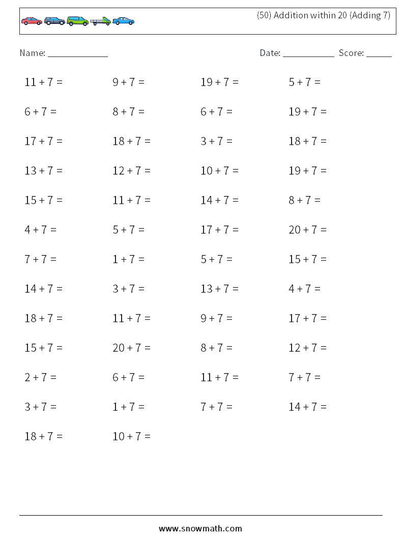 (50) Addition within 20 (Adding 7) Maths Worksheets 1