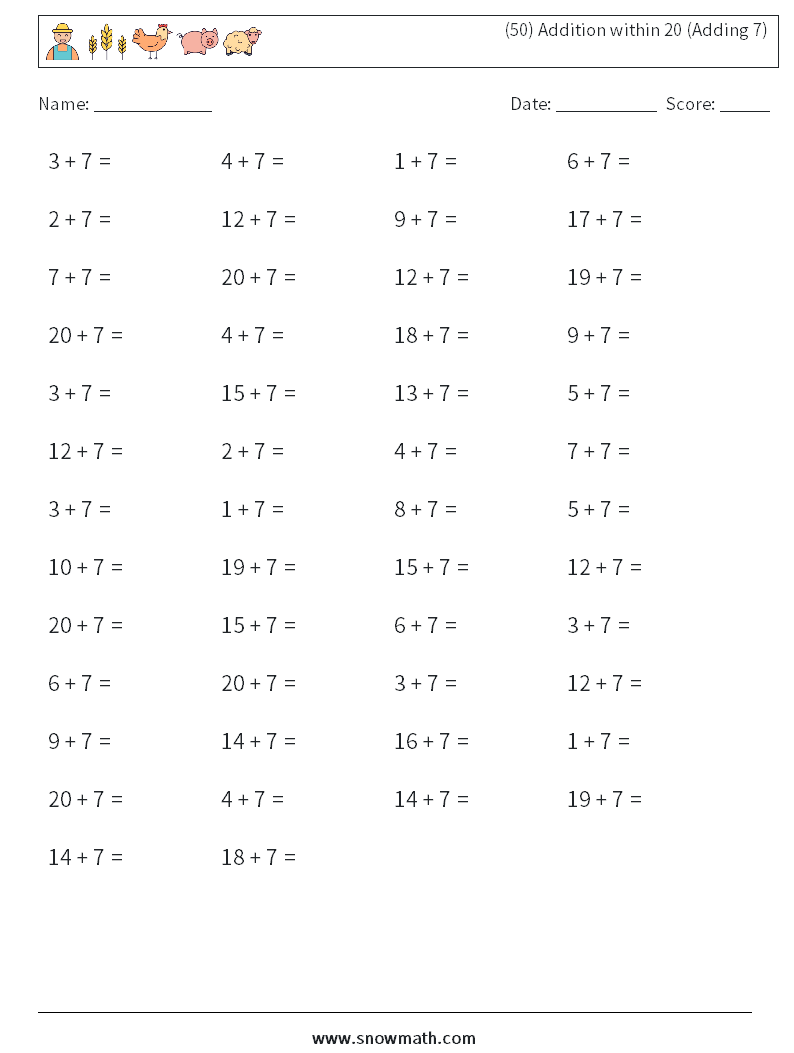 (50) Addition within 20 (Adding 7) Maths Worksheets 3