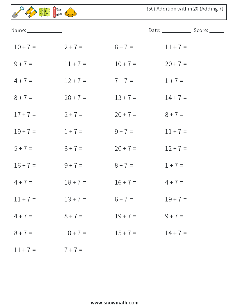 (50) Addition within 20 (Adding 7) Math Worksheets 9