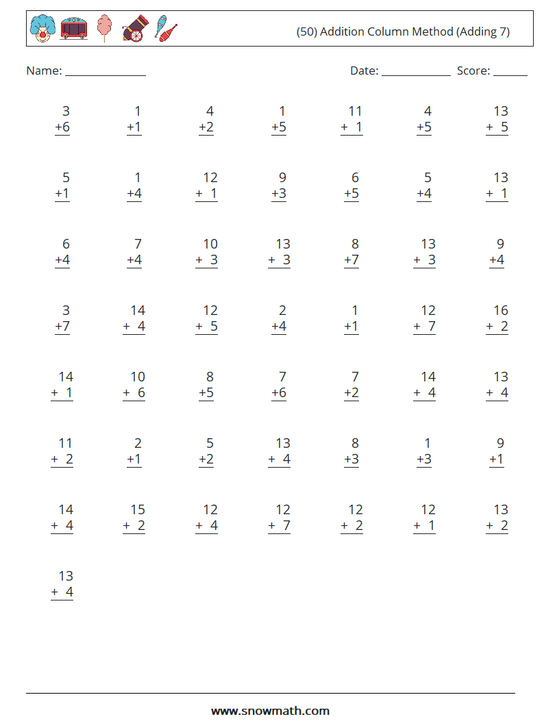 (50) Addition Column Method (Adding 7) Math Worksheets 1