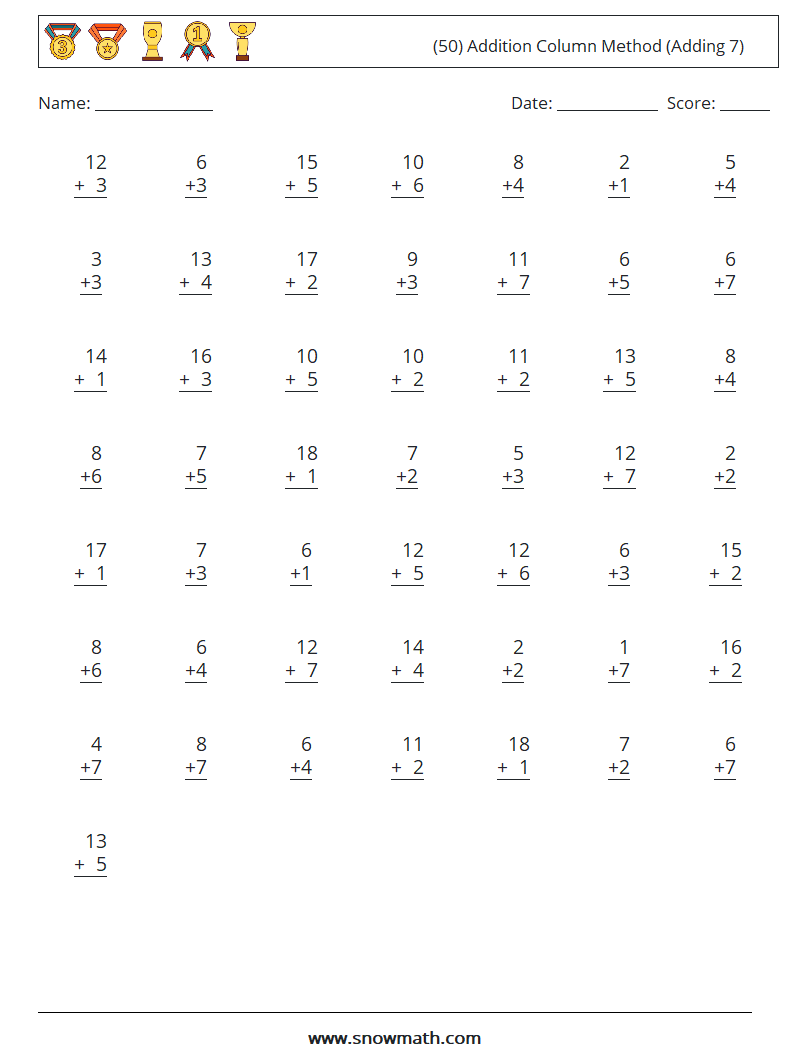 (50) Addition Column Method (Adding 7) Math Worksheets 10