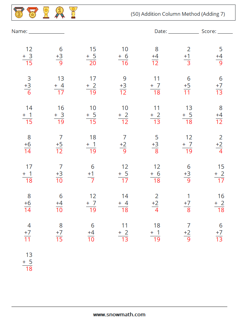 (50) Addition Column Method (Adding 7) Math Worksheets 10 Question, Answer