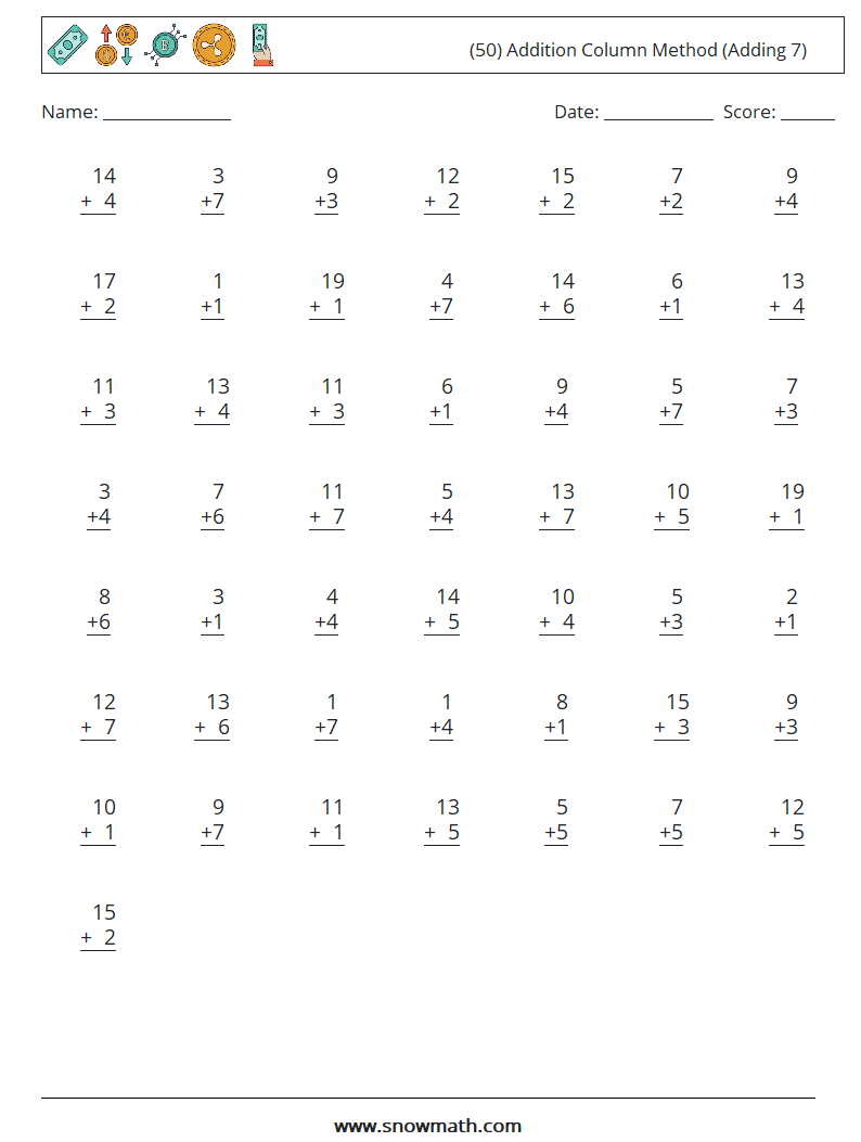 (50) Addition Column Method (Adding 7) Maths Worksheets 11