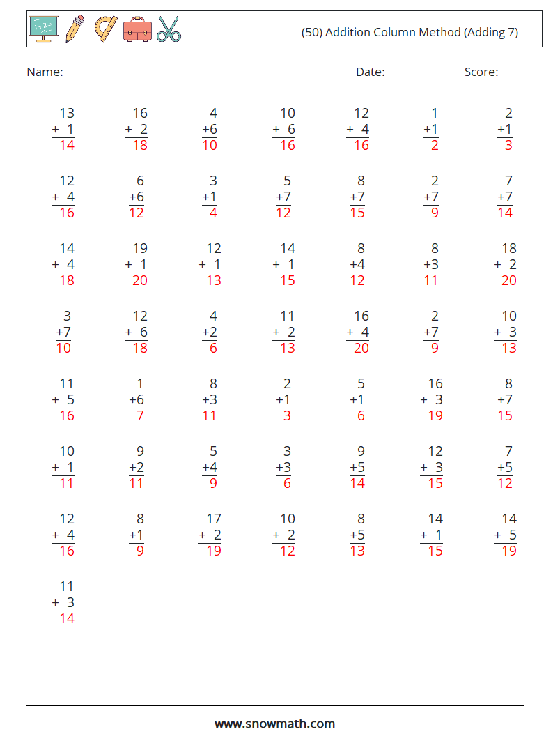 (50) Addition Column Method (Adding 7) Math Worksheets 12 Question, Answer