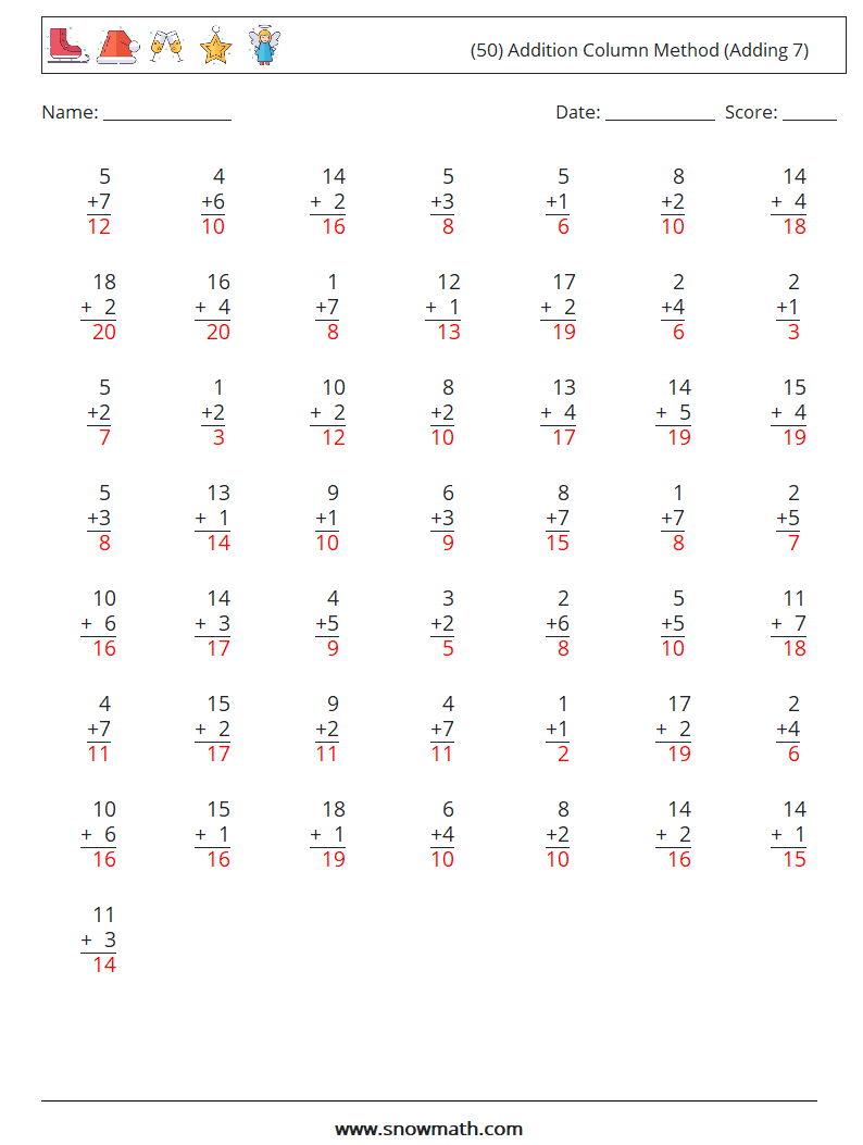 (50) Addition Column Method (Adding 7) Math Worksheets 13 Question, Answer