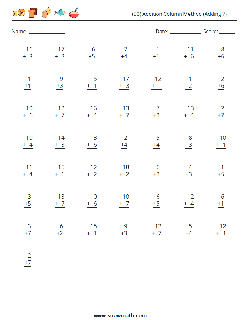 (50) Addition Column Method (Adding 7) Maths Worksheets 17