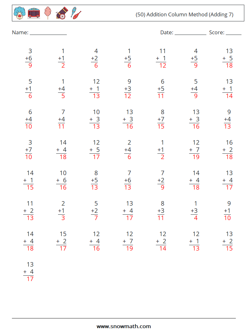 (50) Addition Column Method (Adding 7) Math Worksheets 1 Question, Answer