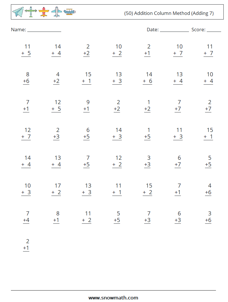(50) Addition Column Method (Adding 7) Maths Worksheets 2