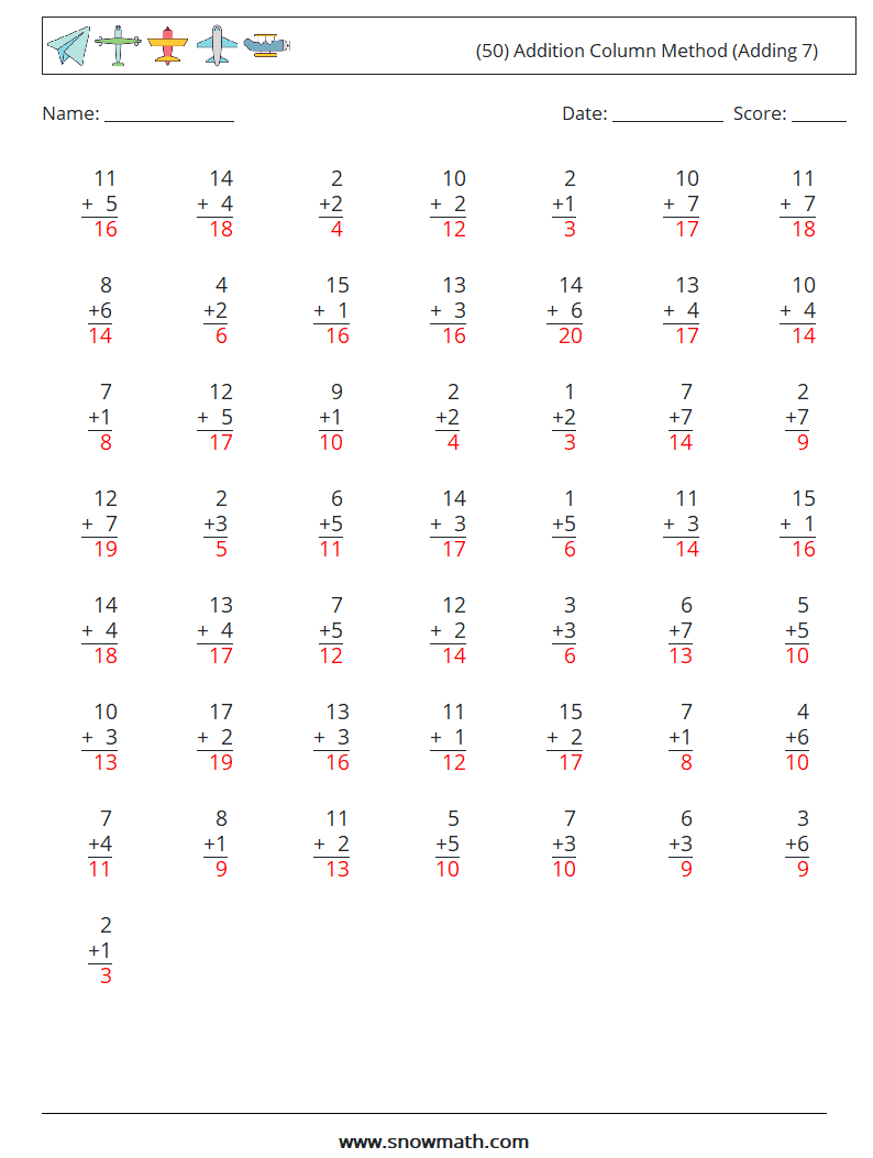 (50) Addition Column Method (Adding 7) Math Worksheets 2 Question, Answer