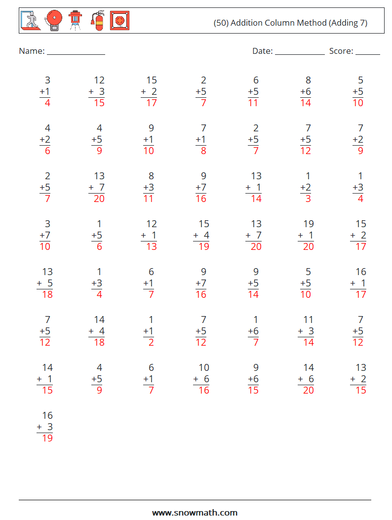 (50) Addition Column Method (Adding 7) Math Worksheets 3 Question, Answer