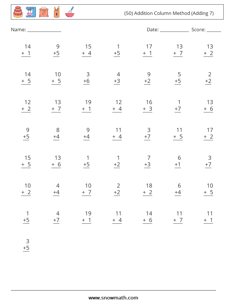 (50) Addition Column Method (Adding 7) Math Worksheets 4