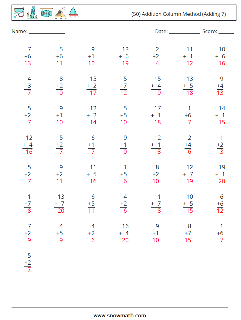 (50) Addition Column Method (Adding 7) Math Worksheets 6 Question, Answer