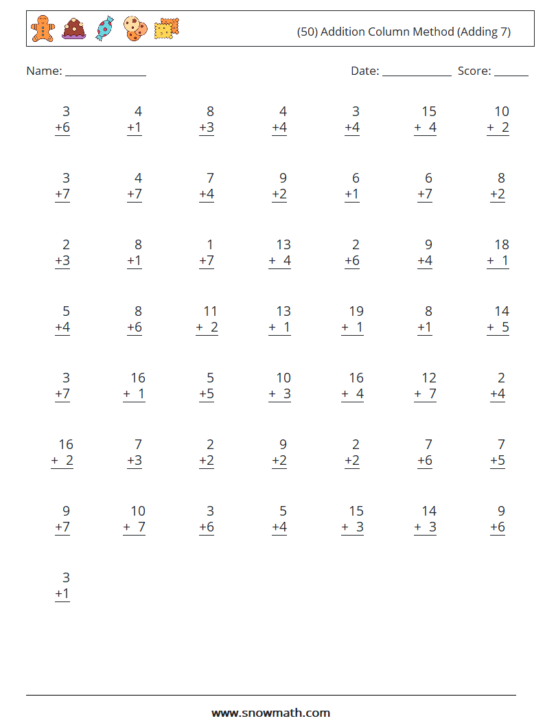 (50) Addition Column Method (Adding 7) Math Worksheets 7