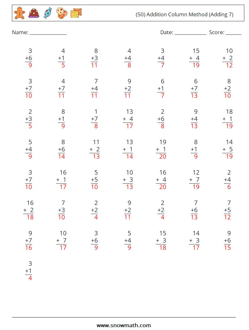 (50) Addition Column Method (Adding 7) Math Worksheets 7 Question, Answer