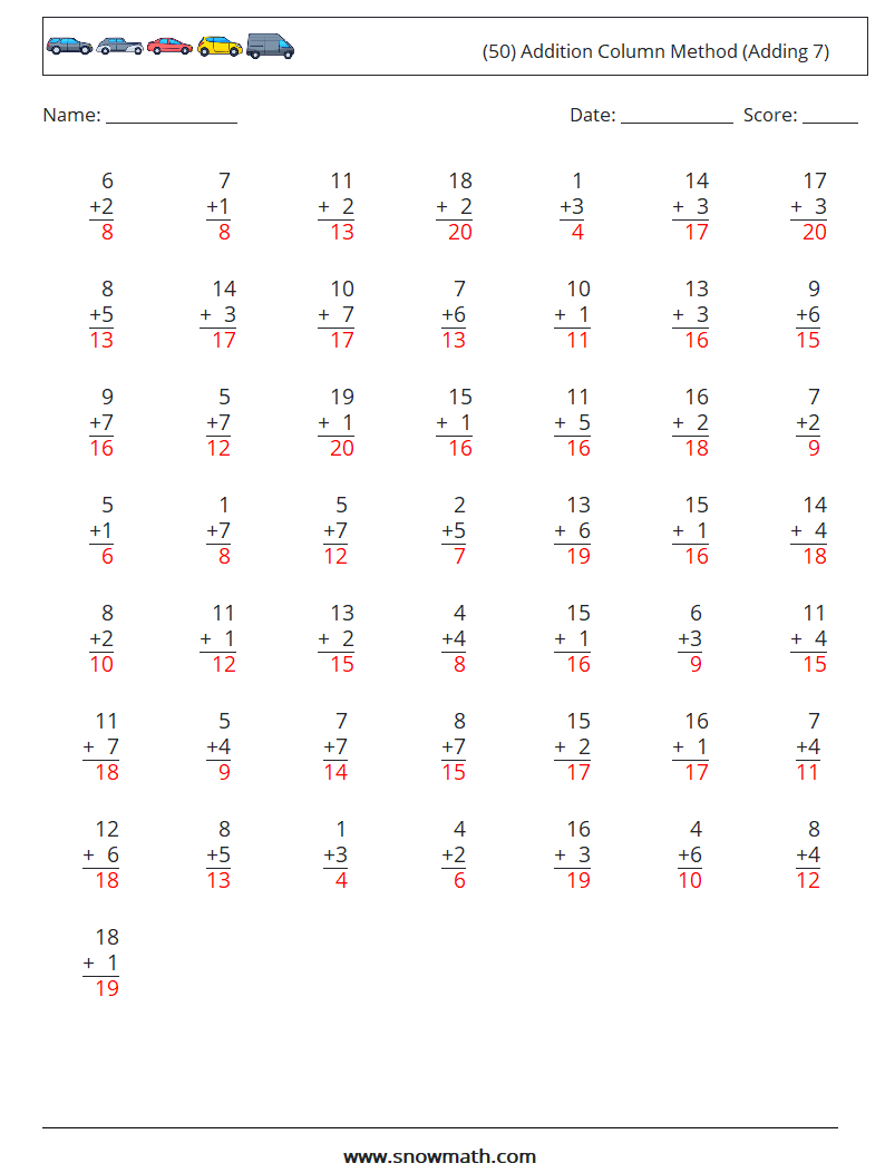 (50) Addition Column Method (Adding 7) Math Worksheets 9 Question, Answer