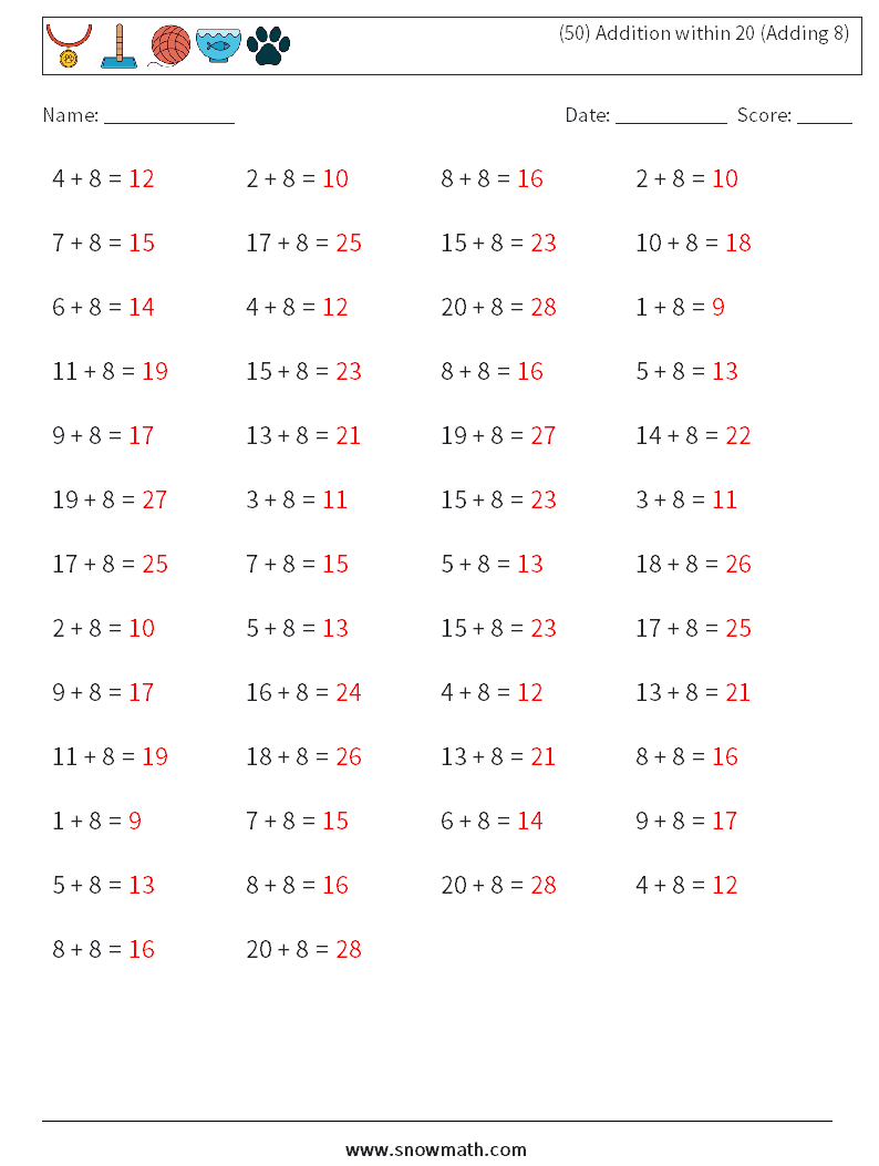 (50) Addition within 20 (Adding 8) Math Worksheets 3 Question, Answer