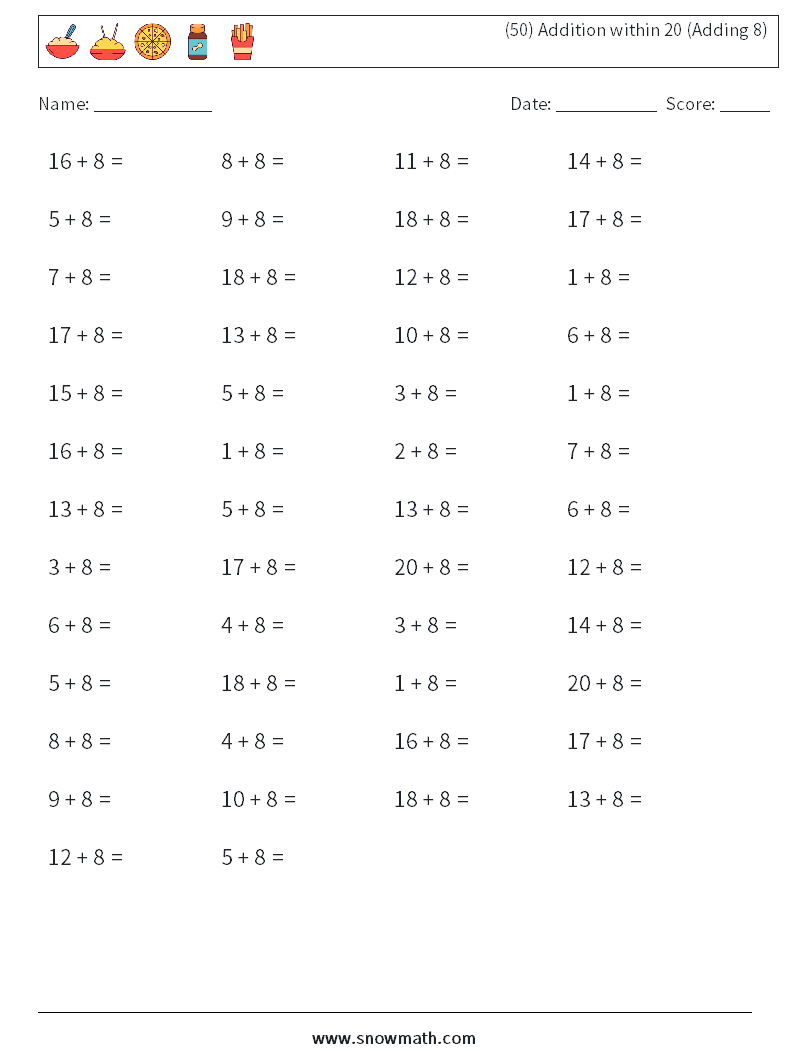 (50) Addition within 20 (Adding 8) Math Worksheets 4