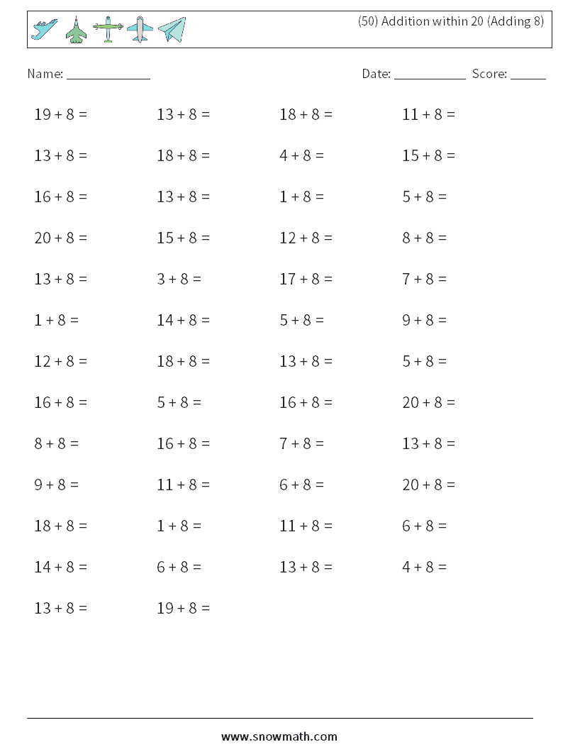 (50) Addition within 20 (Adding 8) Maths Worksheets 5