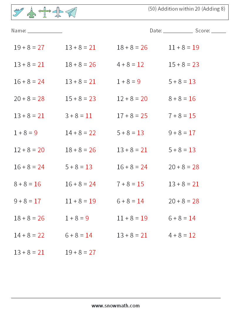 (50) Addition within 20 (Adding 8) Math Worksheets 5 Question, Answer