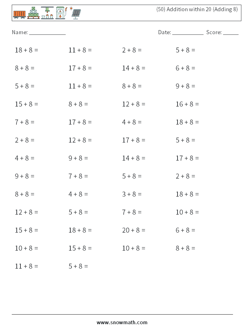 (50) Addition within 20 (Adding 8) Math Worksheets 7