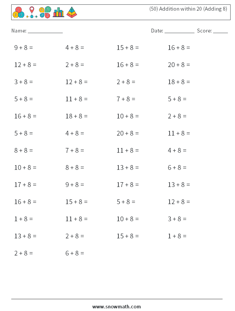 (50) Addition within 20 (Adding 8) Maths Worksheets 9