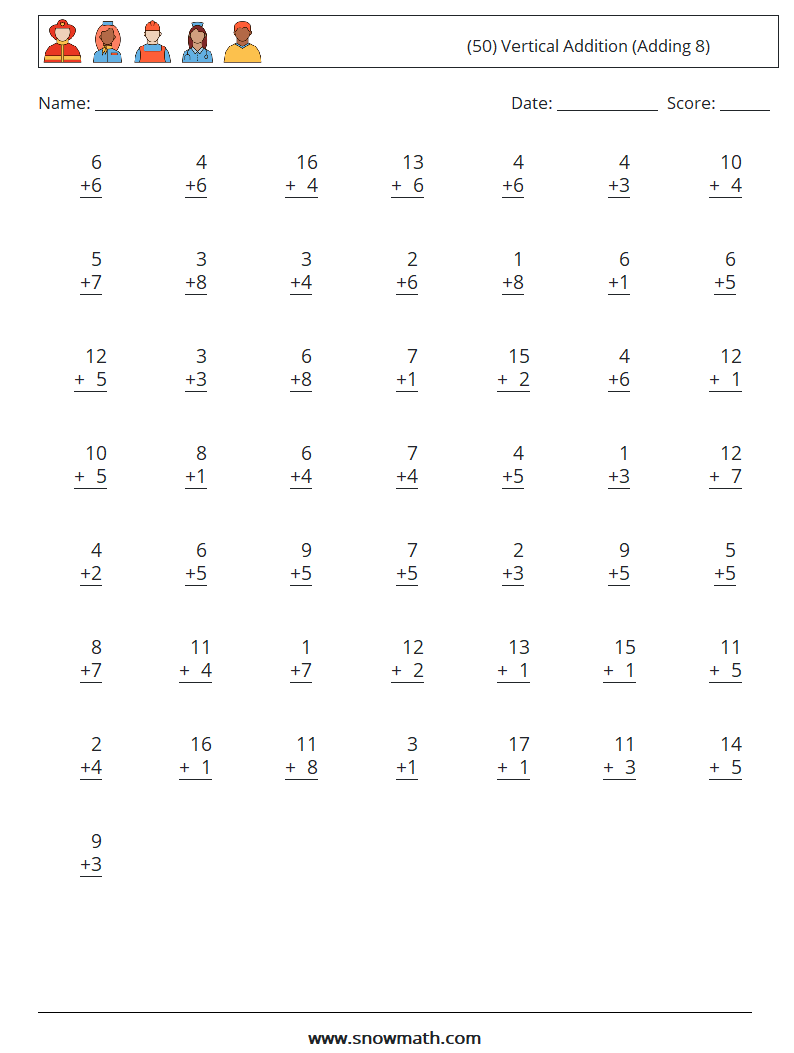 (50) Vertical  Addition (Adding 8) Maths Worksheets 1