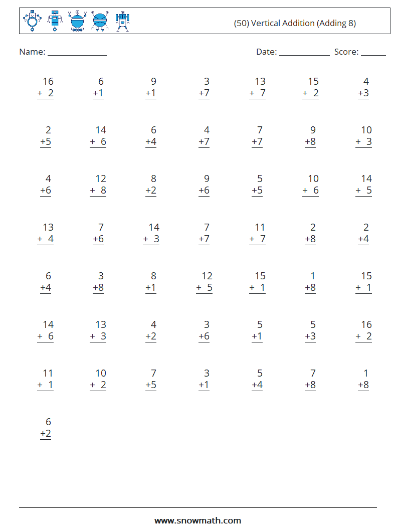 (50) Vertical  Addition (Adding 8) Maths Worksheets 10