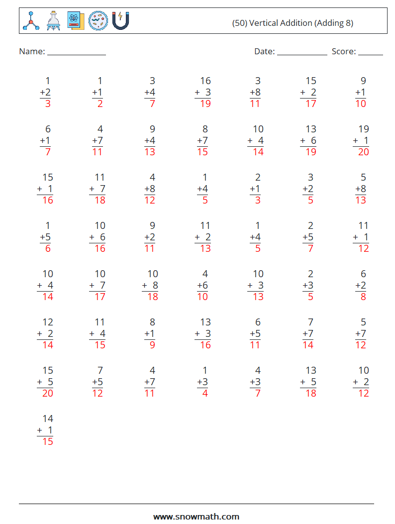 (50) Vertical  Addition (Adding 8) Math Worksheets 11 Question, Answer