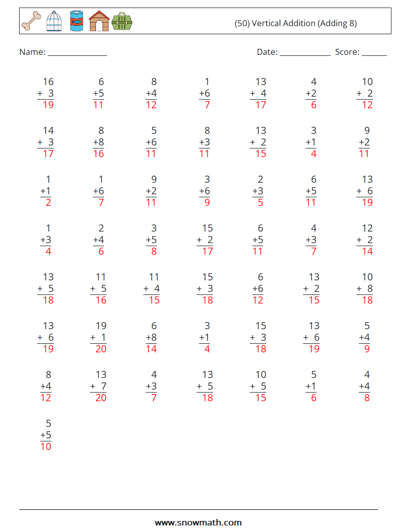 (50) Vertical  Addition (Adding 8) Math Worksheets 12 Question, Answer