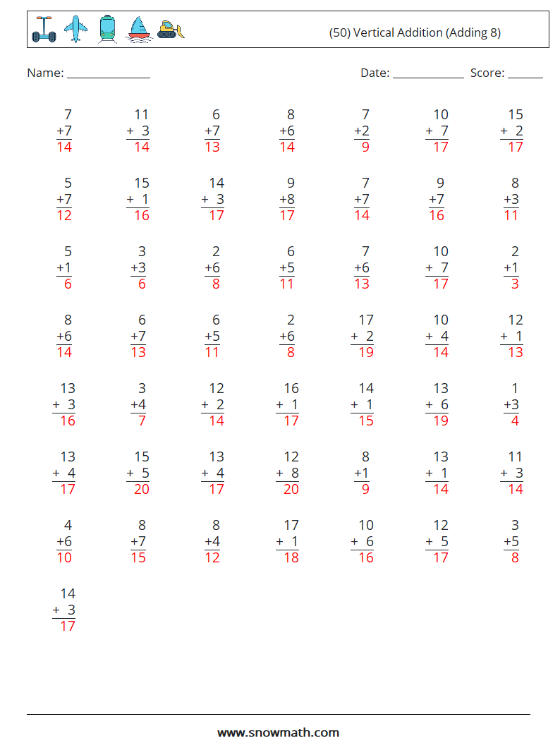 (50) Vertical  Addition (Adding 8) Math Worksheets 13 Question, Answer