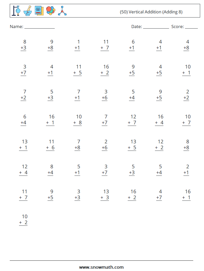 (50) Vertical  Addition (Adding 8) Maths Worksheets 14