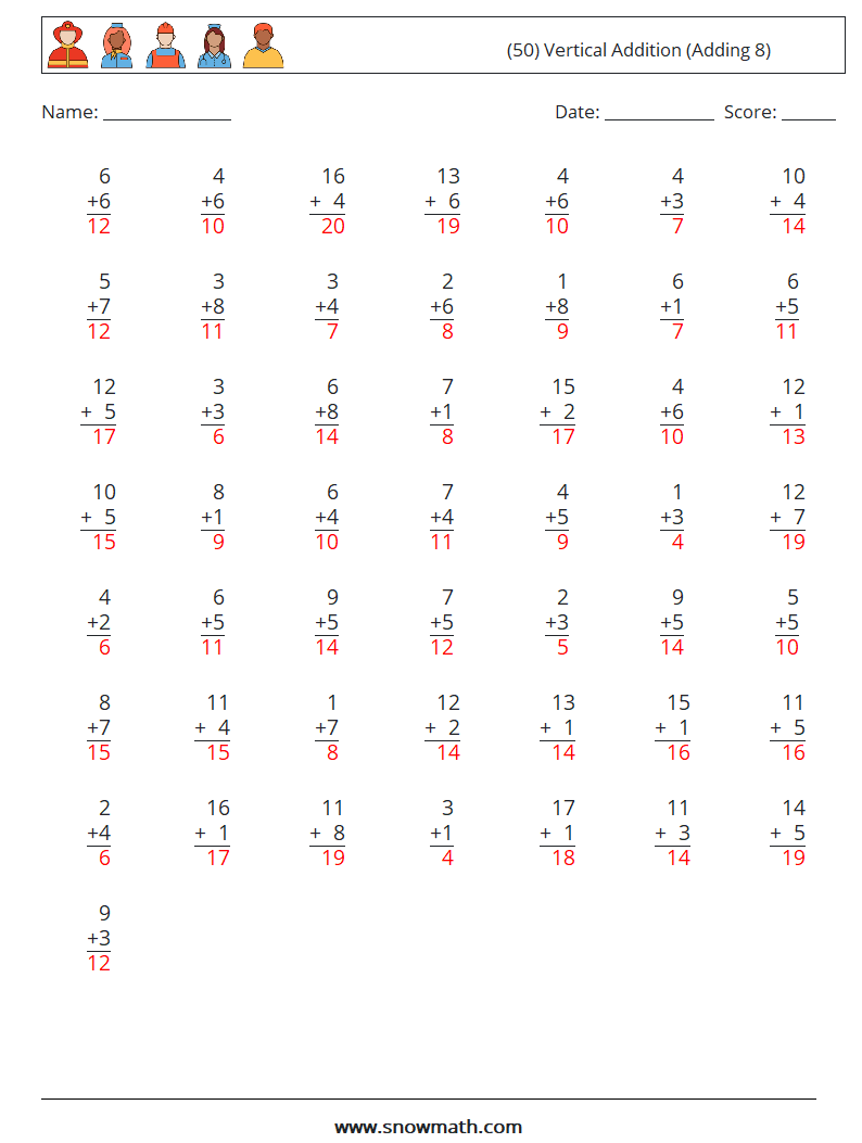 (50) Vertical  Addition (Adding 8) Math Worksheets 1 Question, Answer