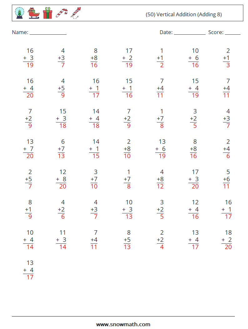 (50) Vertical  Addition (Adding 8) Math Worksheets 2 Question, Answer