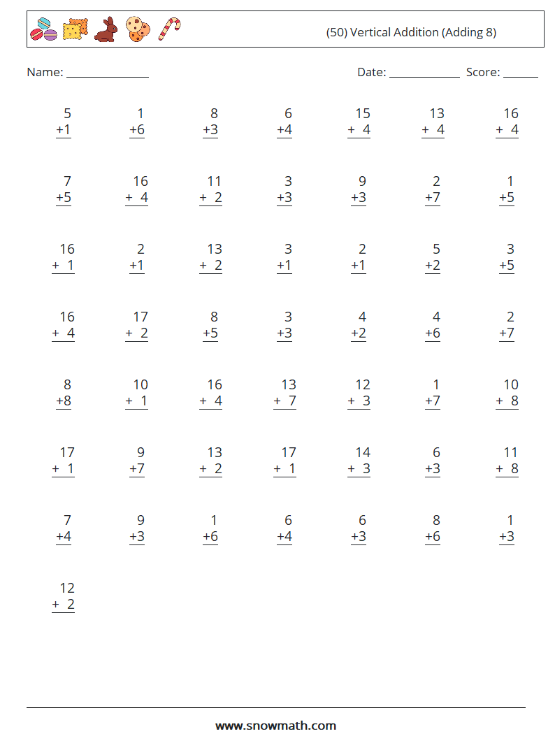 (50) Vertical  Addition (Adding 8) Math Worksheets 3