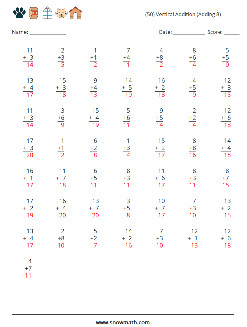 (50) Vertical  Addition (Adding 8) Math Worksheets 4 Question, Answer