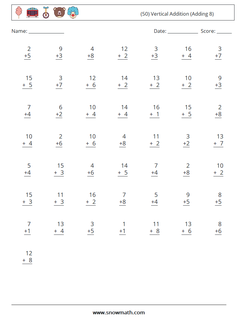 (50) Vertical  Addition (Adding 8) Math Worksheets 5