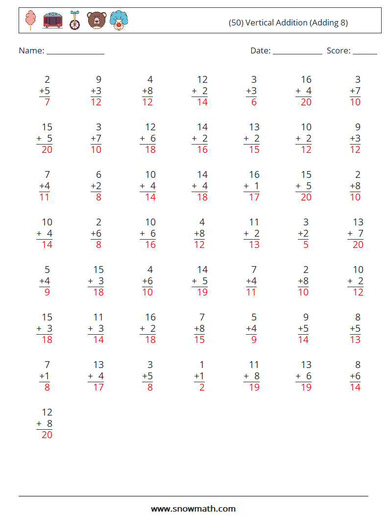 (50) Vertical  Addition (Adding 8) Math Worksheets 5 Question, Answer