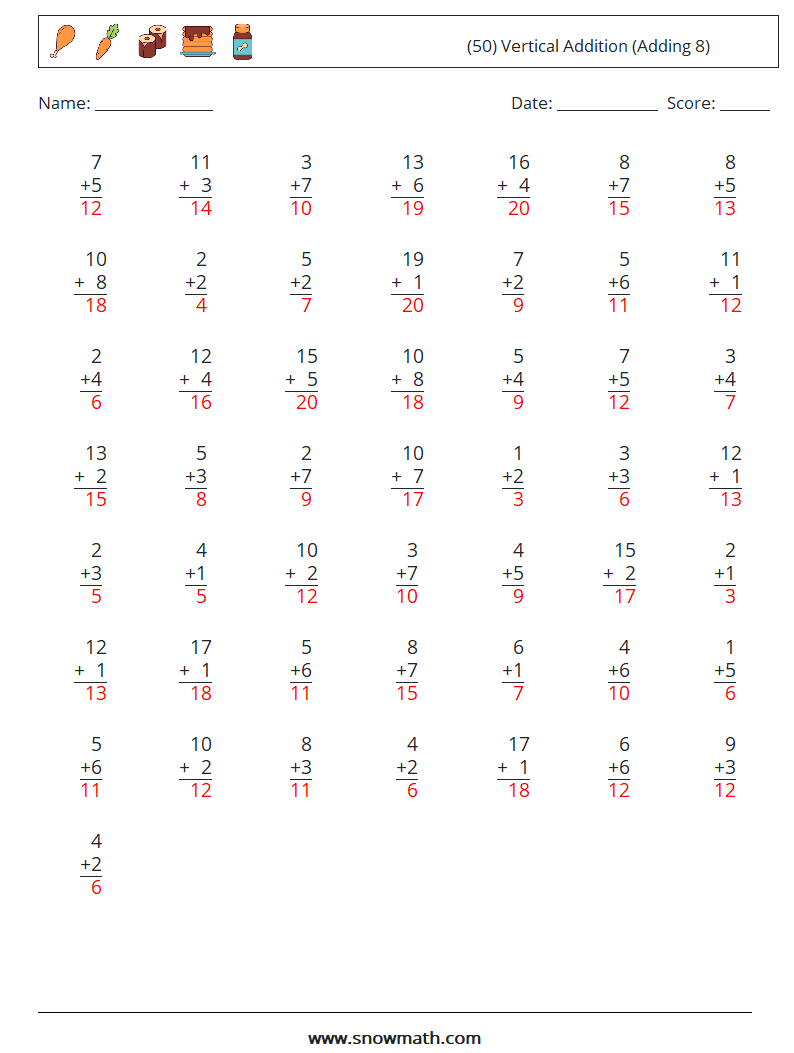 (50) Vertical  Addition (Adding 8) Math Worksheets 7 Question, Answer