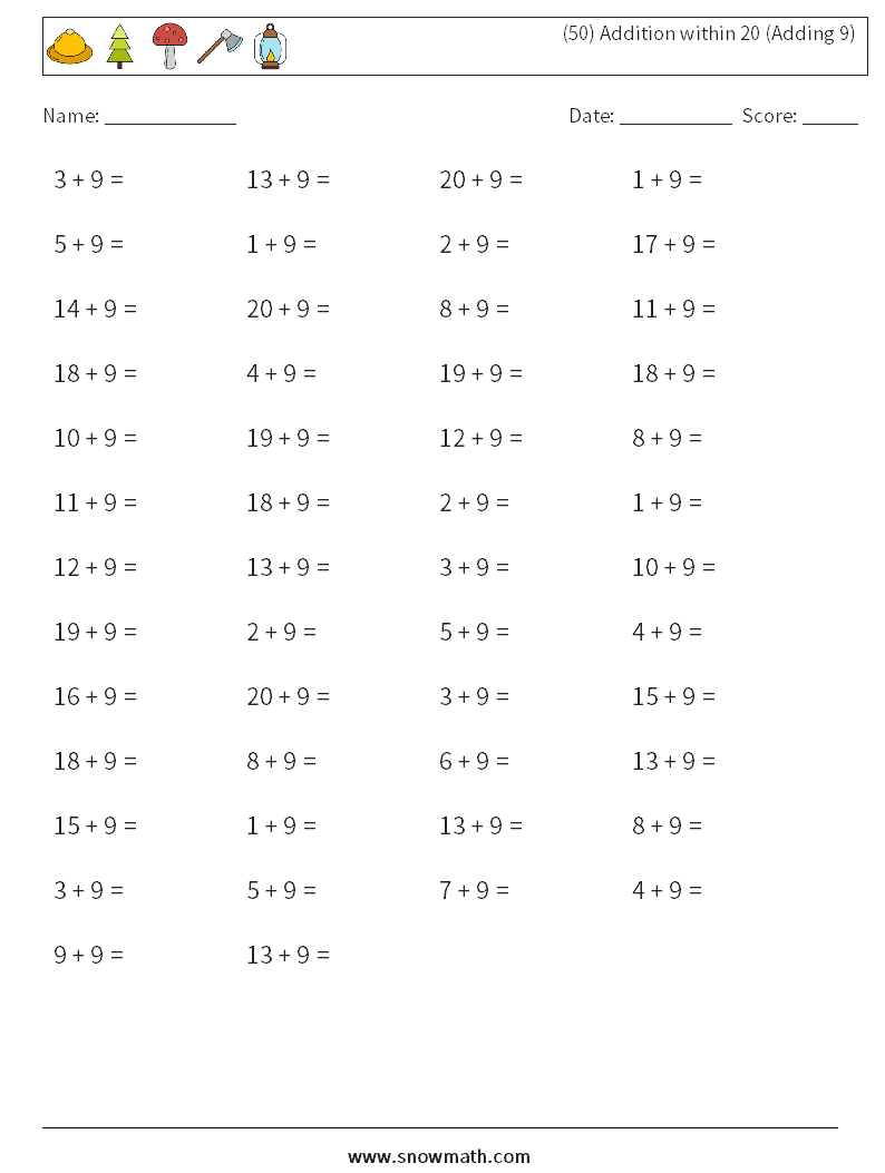 (50) Addition within 20 (Adding 9) Maths Worksheets 1