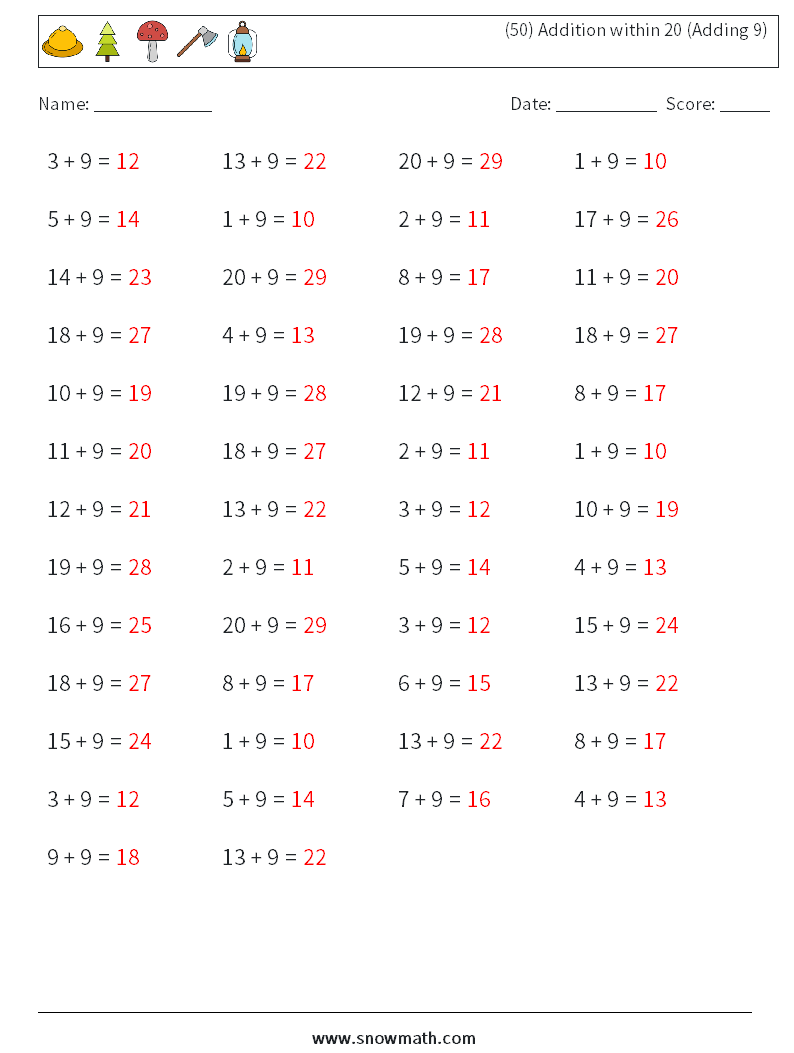 (50) Addition within 20 (Adding 9) Math Worksheets 1 Question, Answer
